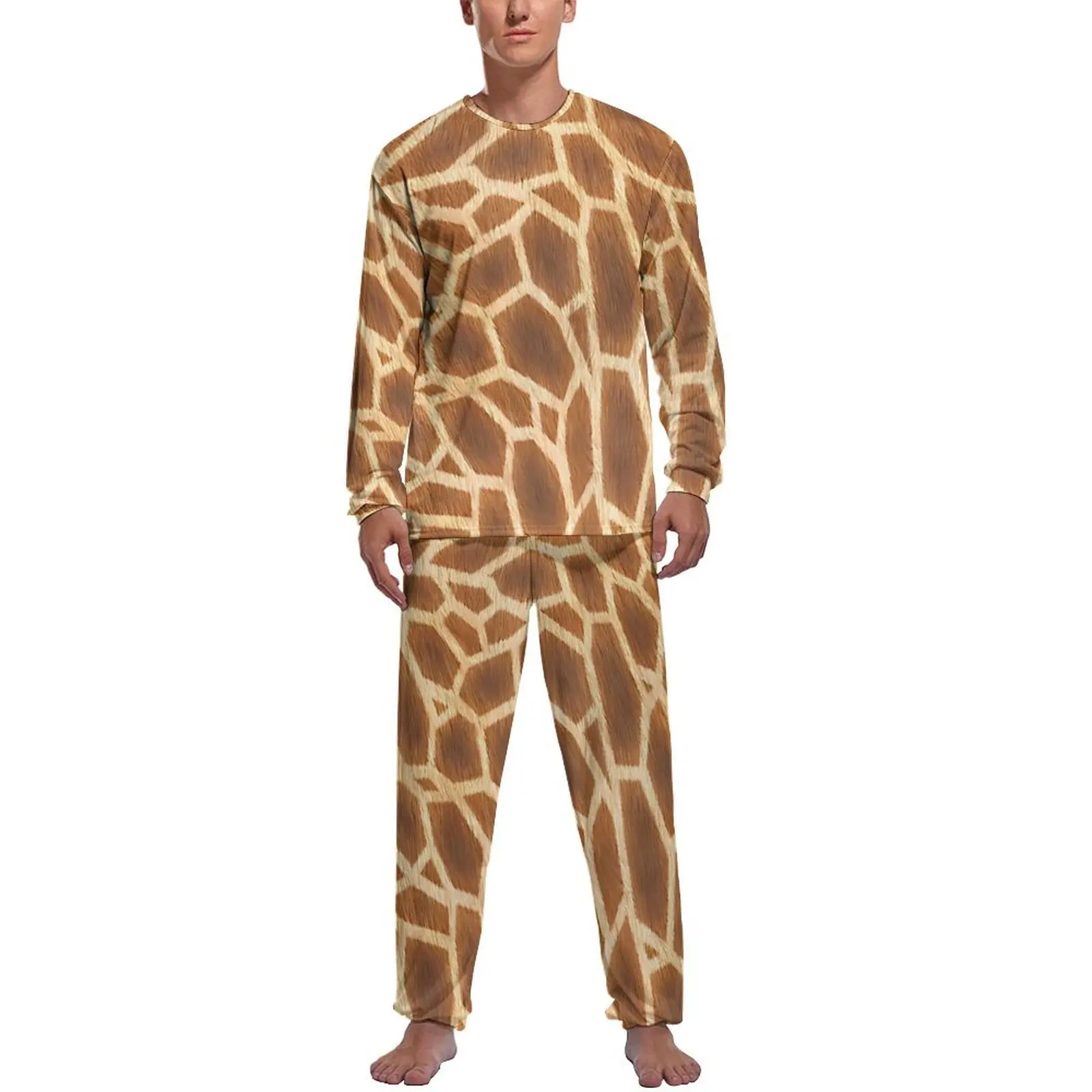 Giraffe Print Pajamas Long Sleeve Brown Animal 2 Pieces Leisure Pajama Sets Autumn Man Graphic Cute Sleepwear