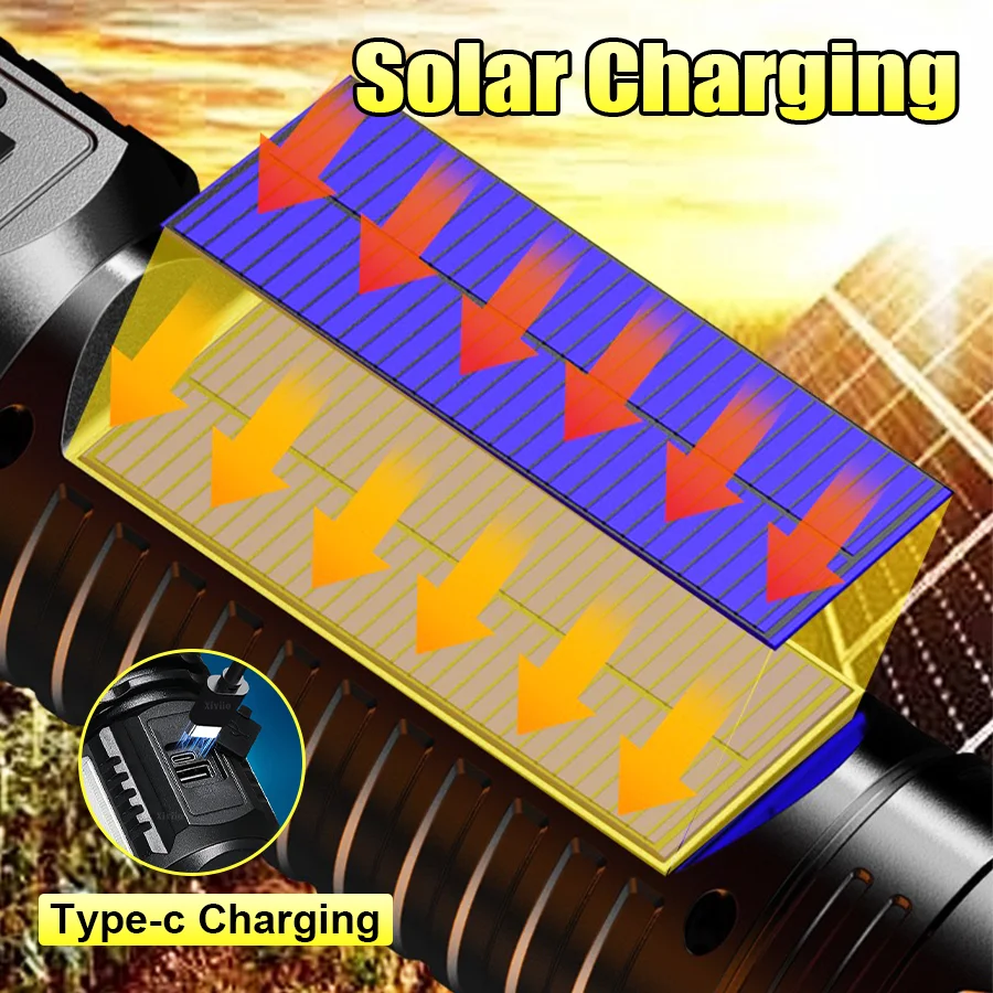 أحدث مصباح يدوي بالطاقة الشمسية السوبر مشرق نوع-c مشاعل قابلة للشحن طويلة المدى 4000 متر التكتيكية مصباح شعلة التخييم الصيد مصباح