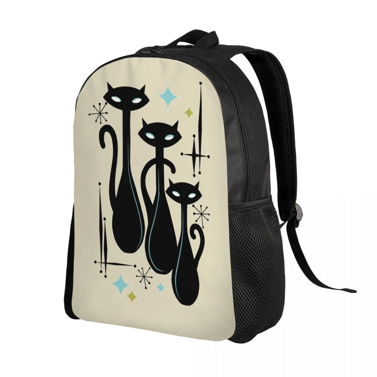 Customized Modern Meows Atomic Age Black Kitschy Cats Backpack Women Men Basic Bookbag for College School Bags image 2