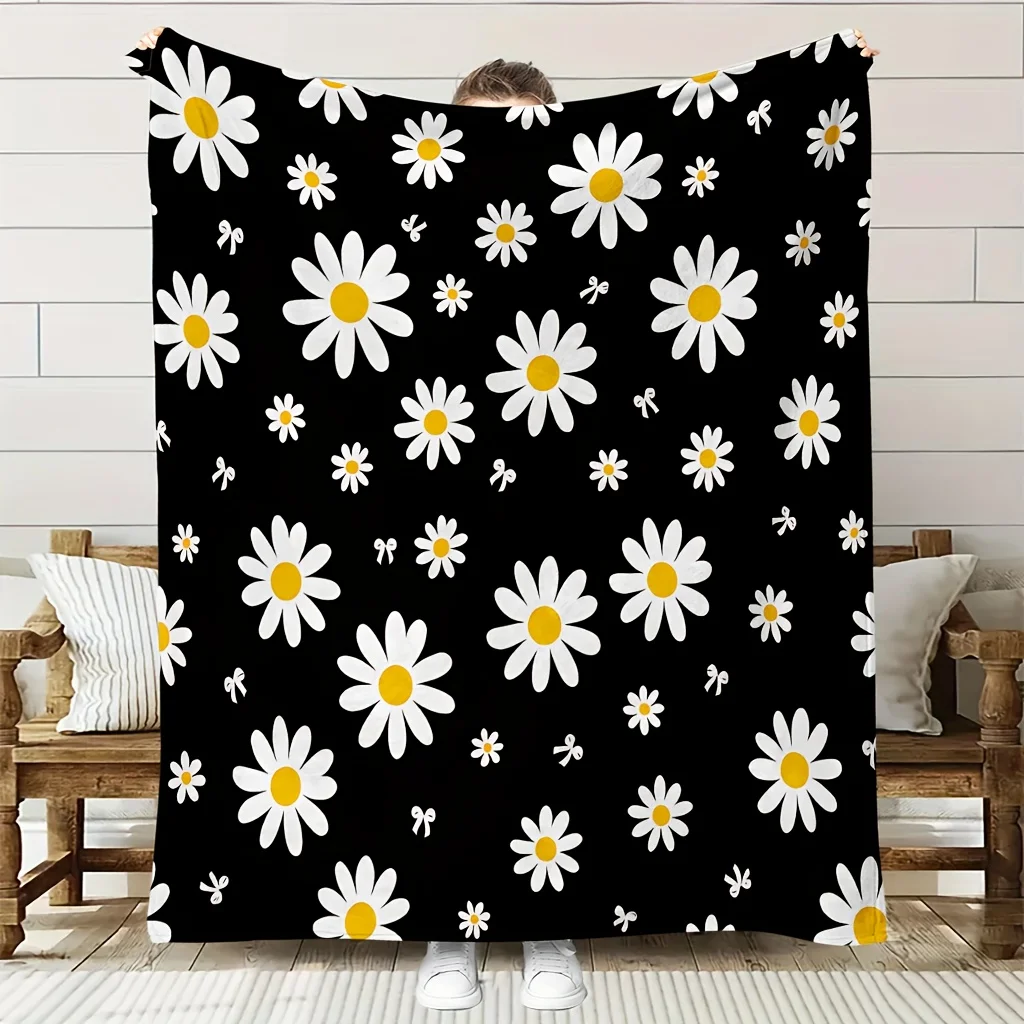 Ultimate Black Background Daisy Floral Pattern Throw Blanket Polyester Fabric Cozy Decor Gift for Couch Bedroom Home Accent