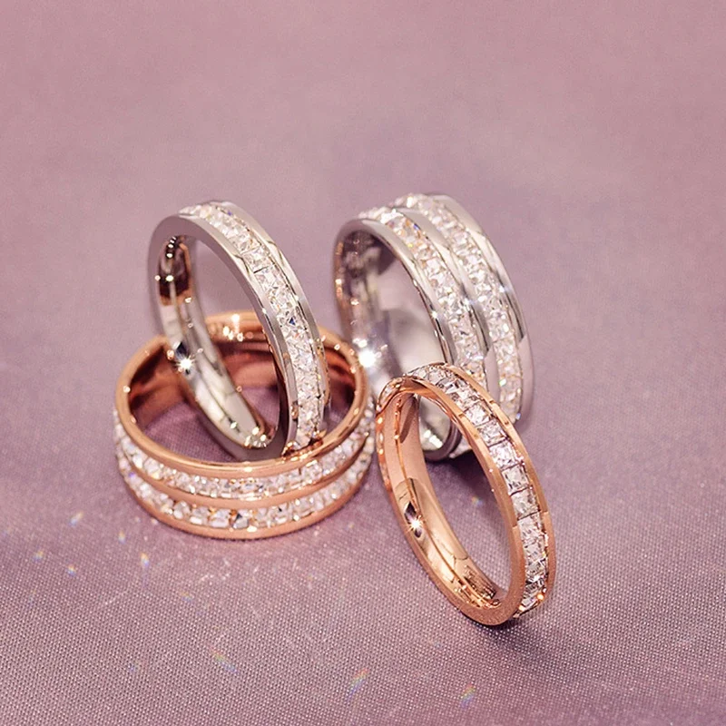 Luxury Rose Gold Color Single Double Row Square Zircon Stainless Steel Ring For Women Romantic Engageme Wedding Party Jewelry