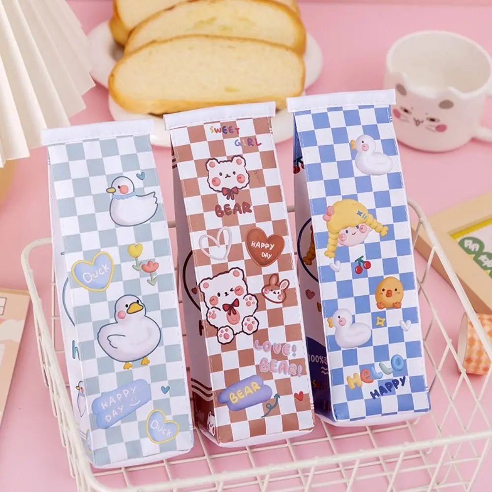 PU Leather Checkerboard Grid Pencil Case Kawaii Large Capacity Cartoon Pen Bags Creativity Girl Heart Stationery Bag