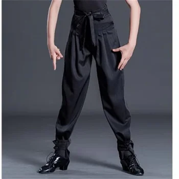 男の子用ラテンダンスパンツ,黒の社交ダンスパンツ,子供用レースアップウエスト,ストライプパンツ,新しいコレクション