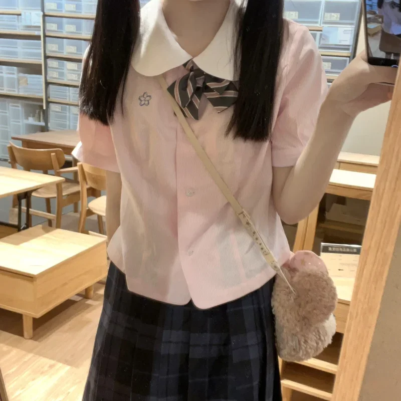 2024 New Japanese Jk Uniform College Style Summer Lotus Leaf Collar Blue Pink Stripe Waist Slim Fit Fashionable Top For Girl