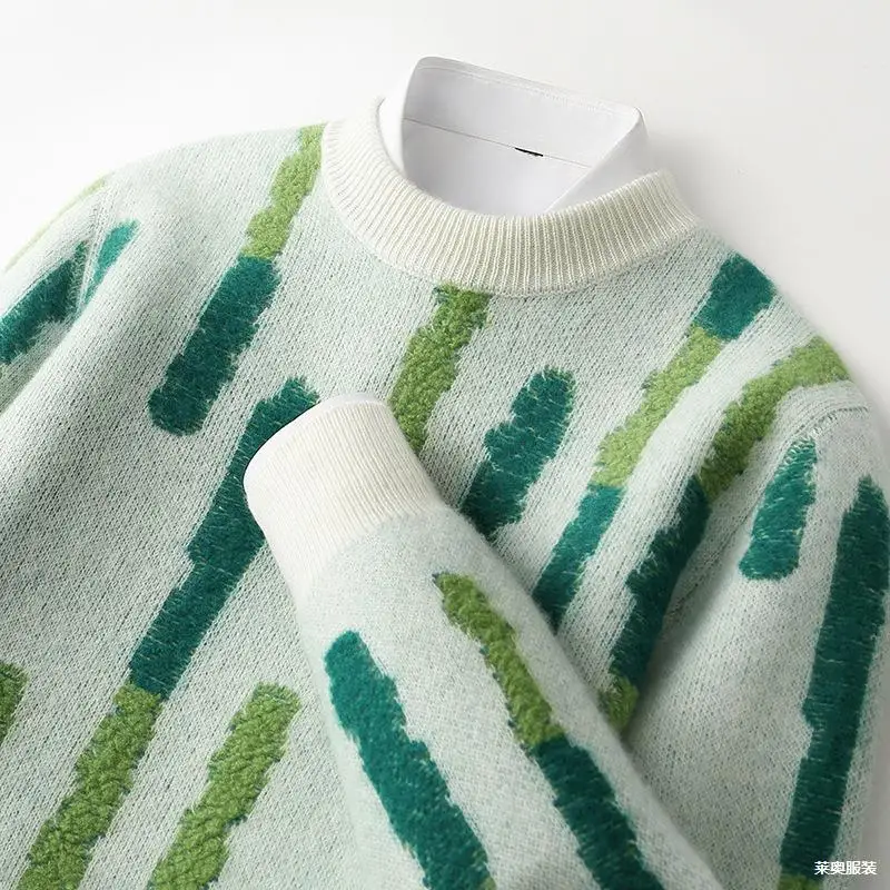 Осенне-зимний мужской шерстяной свитер с круглым вырезом, утолщенный свитер с цветными блоками, ленивая повседневная вязаная базовая рубашка