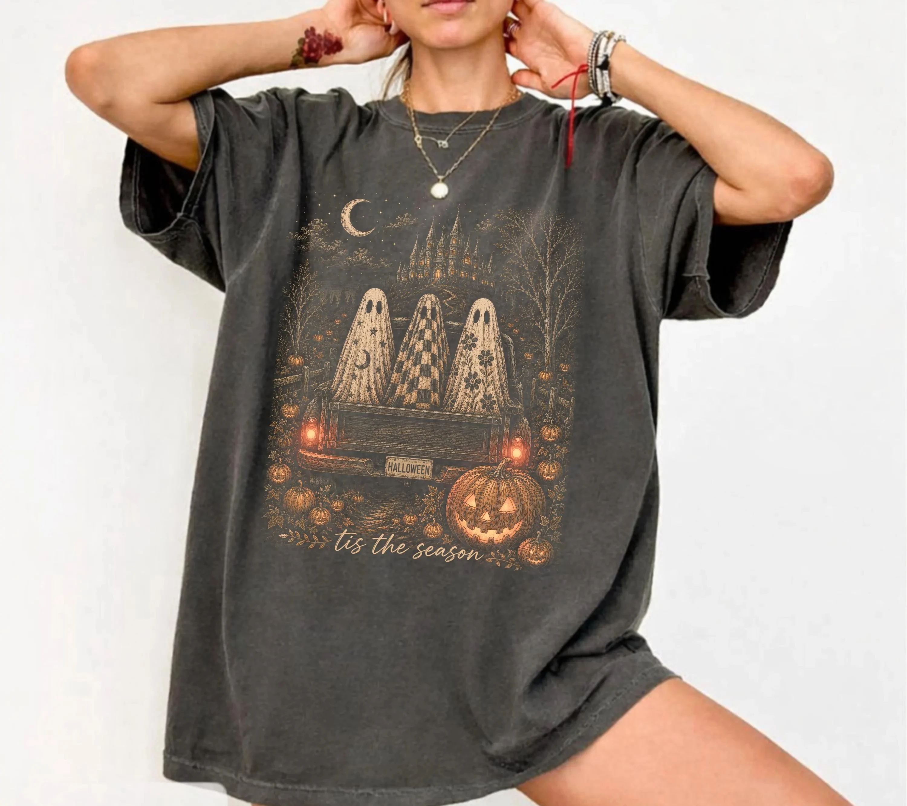 Summer Women's Vintage Halloween Ghost Truck Print T-shirt Cotton and Breathable Short Sleeve Streetwear Oversized Loose Casual