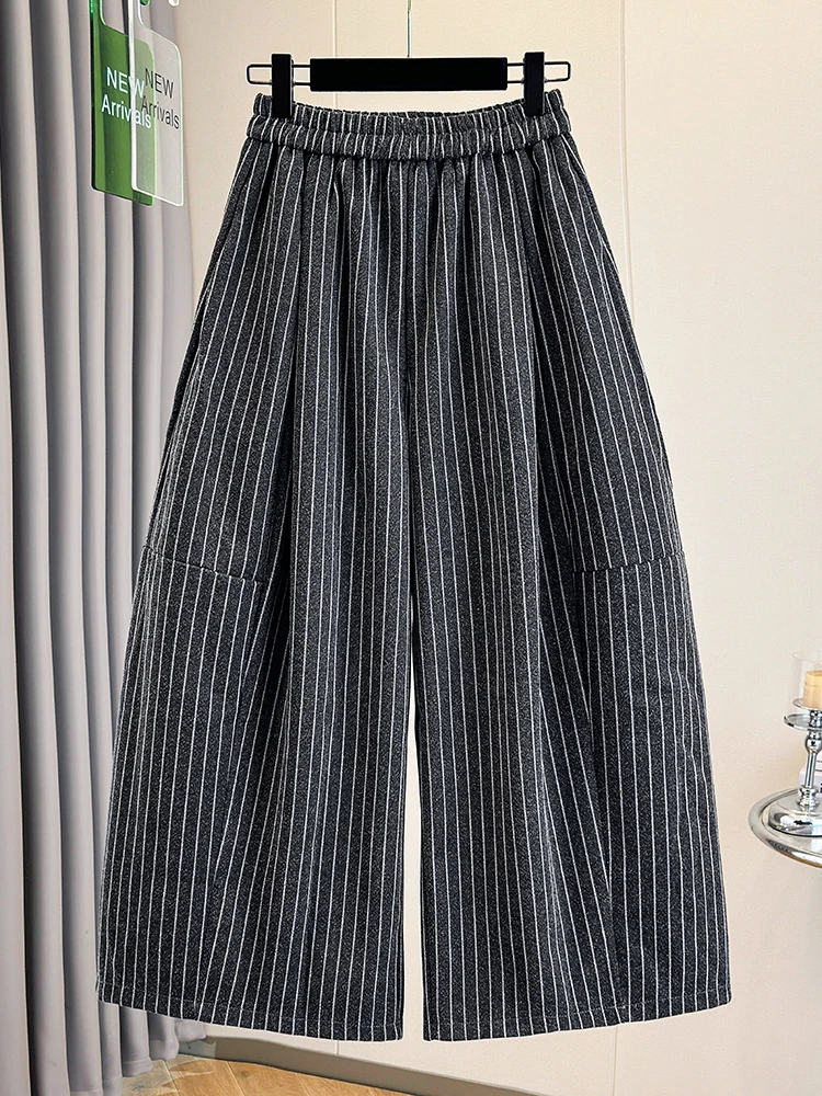 Autumn Winter plus Size Wide Leg Pants Nine Points Striped Elastic Waist Slimming Casual Trousers for Women High Waist Printed