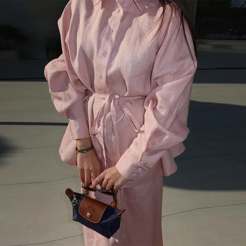 

Women's 2026 Summer Lapel Lace-up Loose Long Sleeve Shirt High Waist Long Skirt Casual Suit