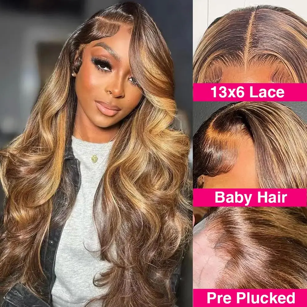 4/27Ombre Highlight Lace Front Wigs Human Hair Body Wave Wigs for Black Women Glueless 13x6 Lace Closure Human Hair Wigs 26 Inch