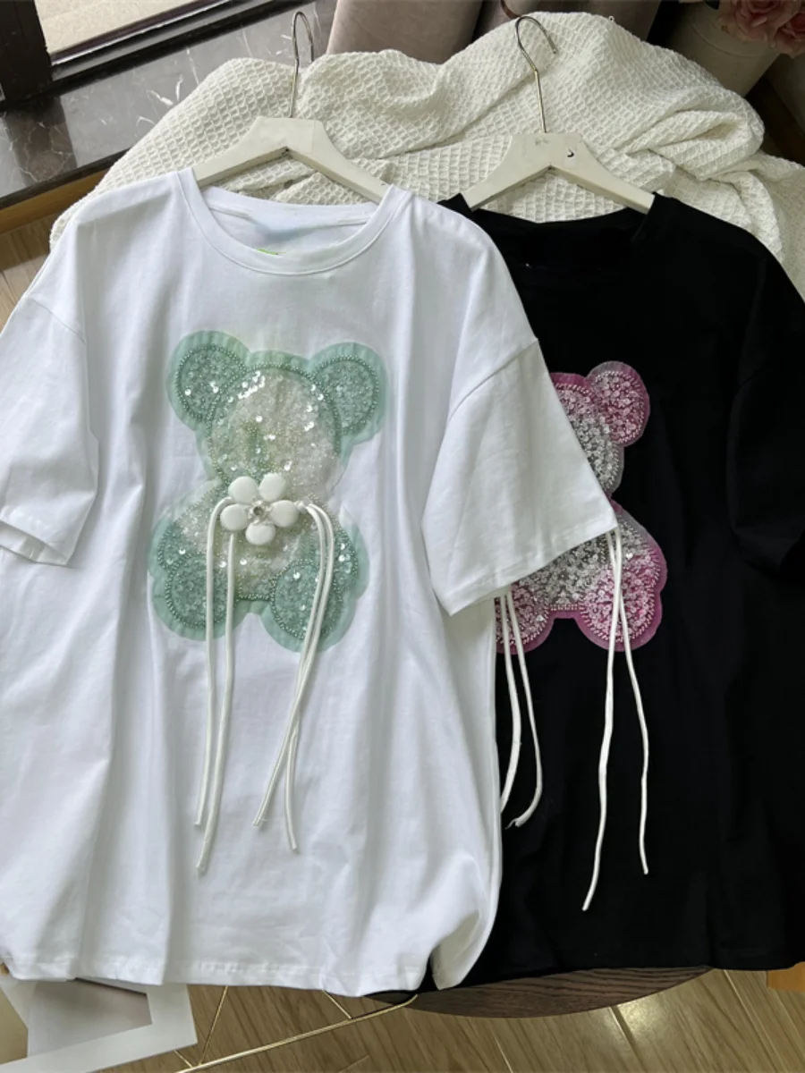 T-shirt Women Oversize Heavy Embroidery Sequins Cartoon Bear Loose Casual Cotton Short Sleeve Tshirt Top 2023 New Summer Clothes