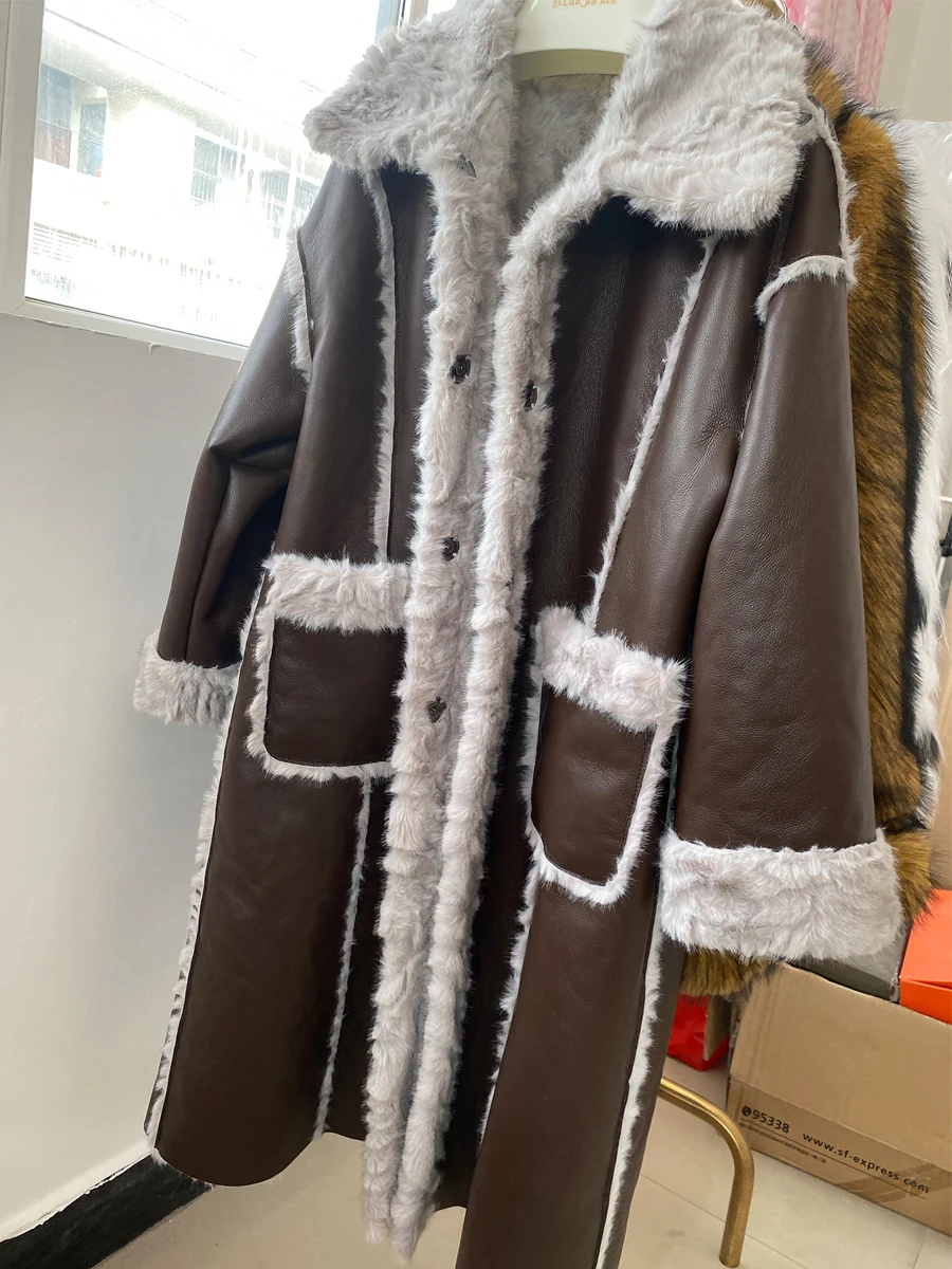 HDHOHR Winter Thick Warm Faux Sheep Fur Coat Women  Long two side wear Luxury Elegant Faux fur  Jacket Clothes