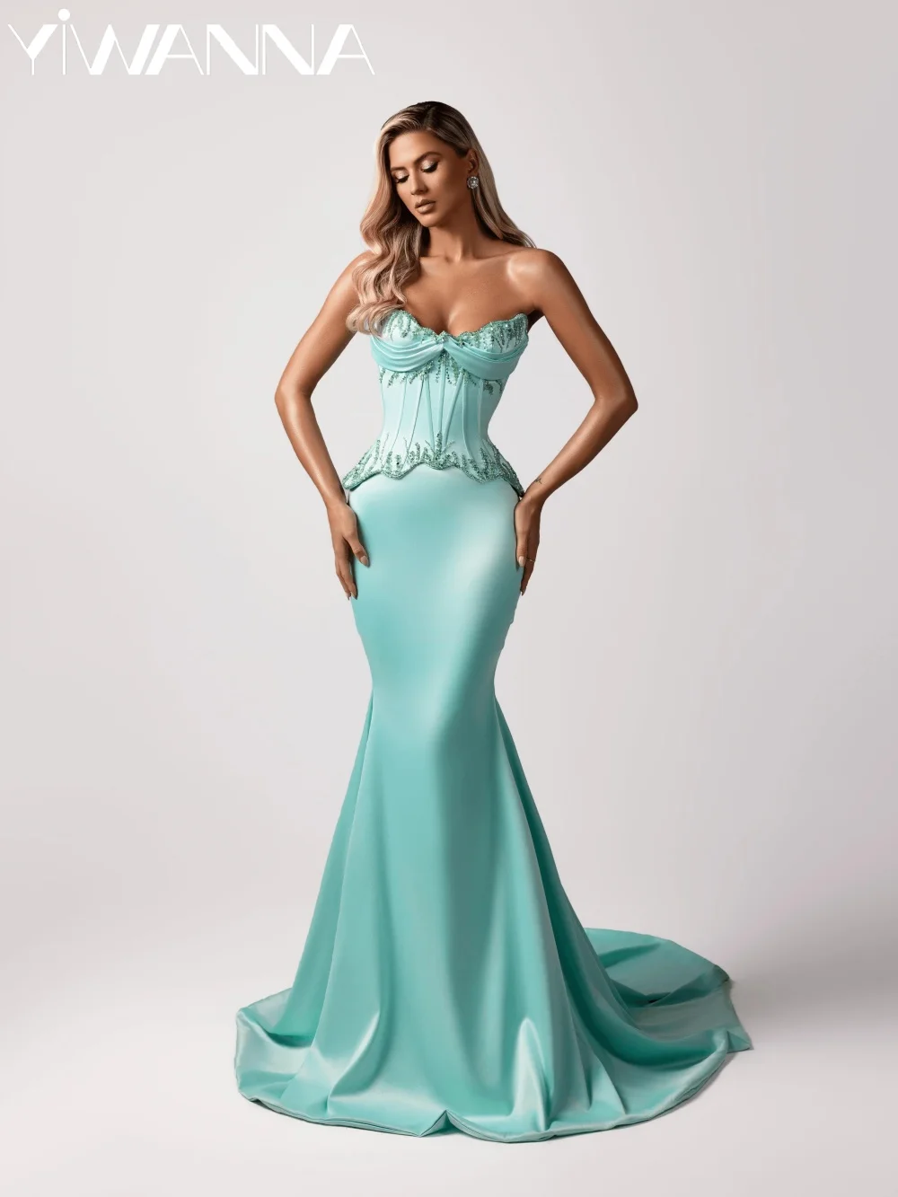 

Stunning Beaded Strapless Evening Dress With Corset Satin Mermaid Wedding Party Gown Customized Floor-length Prom Dresses