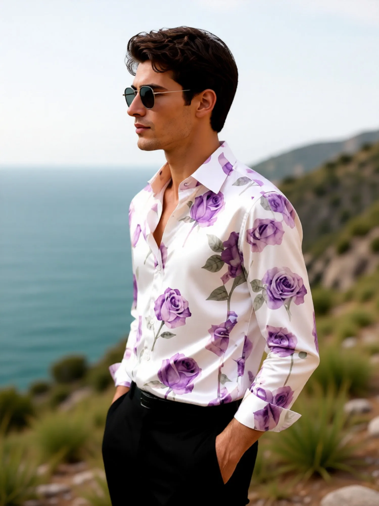 Mens Satin Long Sleeve Button Down Printed Dress Shirt Silky Glossy Fabric Business For Everyday Office Commute Business Wear