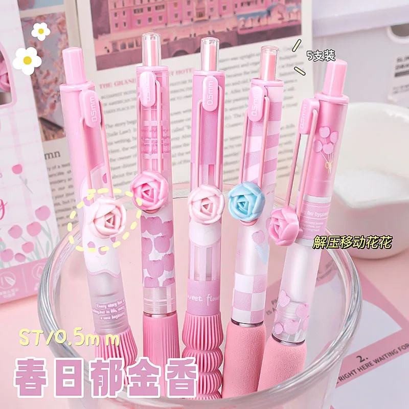 5pcs/set Cute Pink Flower Press Gel Pens Quick-Drying 0. 5mm Black Ink Writing Smooth Elegant Pen Student Stationery Office Sup