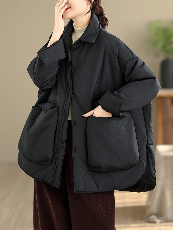 معطف شتوي نسائي من القطن من Thiened Jaet دافئ كاجوال من مزيج القطن الداخلي بتصميم كلاسيكي طويل الطول بأزرار حتى لون نقي #1