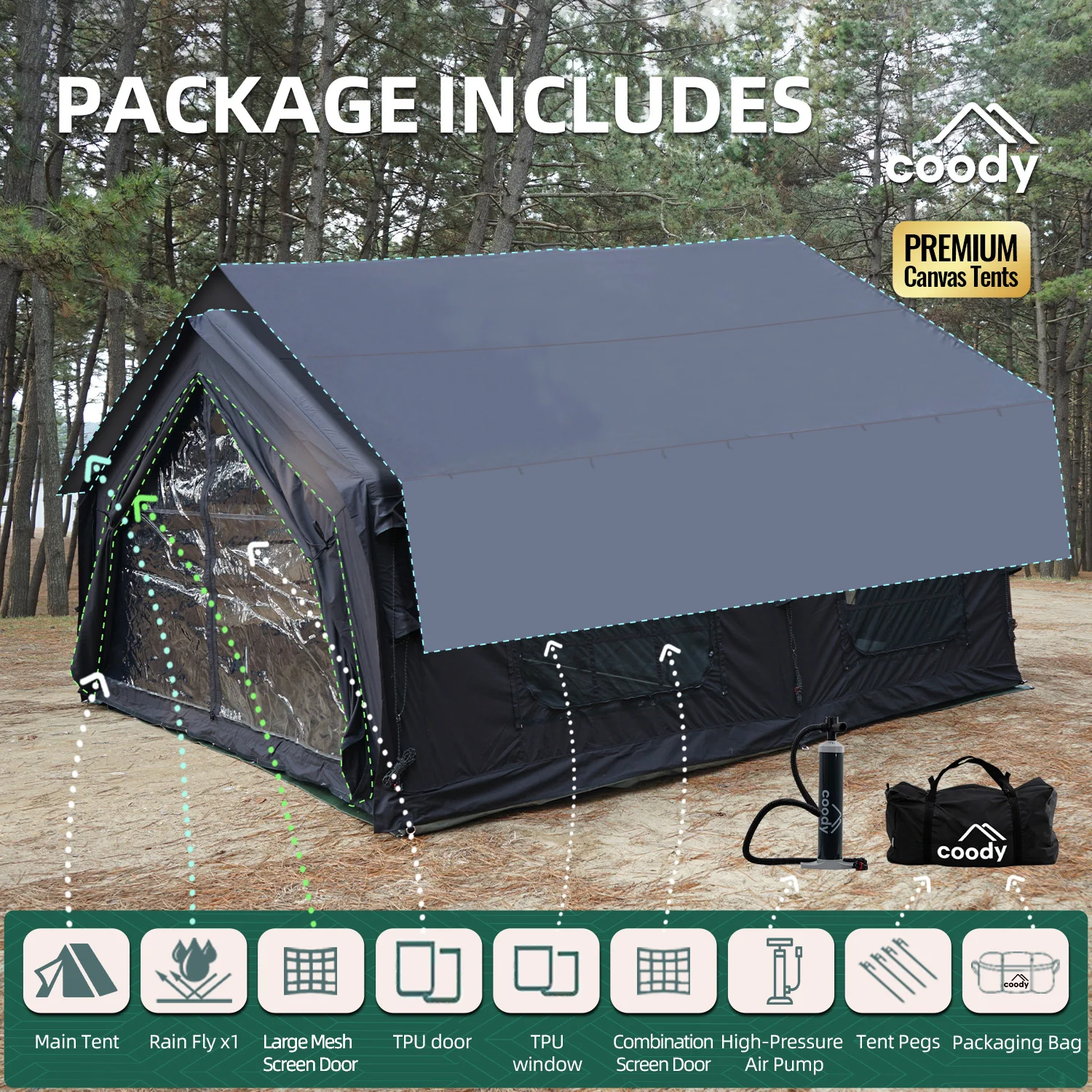 Familia 17.2 Air Tent-Black Gonflable Camping Large Family 5-8 Person Inflatable Tent 4 Season Portable Family Tent