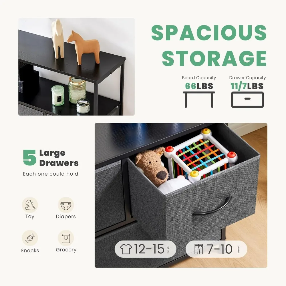 حامل تلفزيون صغير لغرفة النوم مع مركز ترفيهي وتخزين، وخزانة ذات 5 أدراج لتلفزيون غرفة المعيشة