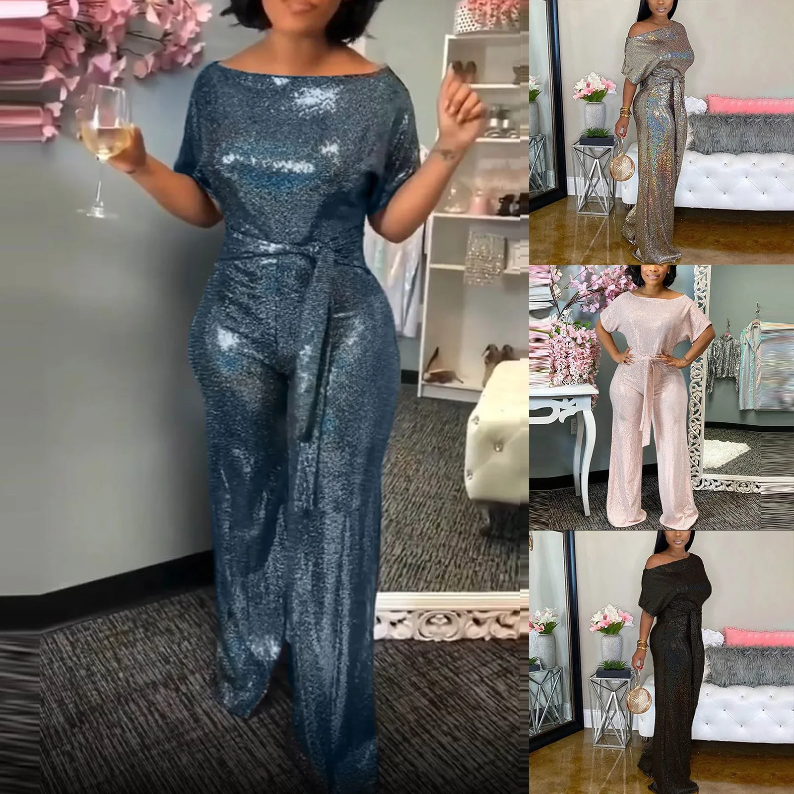 

Laser Sequins Sexy Wide Leg Jumpsuit Women Shoulder Slope Sashes Plus Size Rompers Elegant Short Sleeve Loose Ladies Jumpsuits