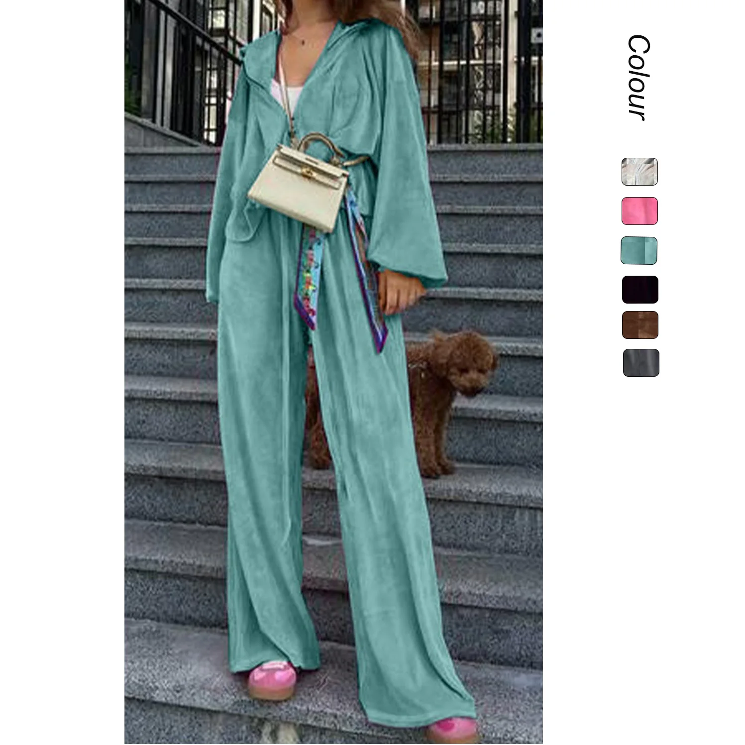 

2025 Early Autumn Fashion Gold Velvet Zipper Drawstring Hooded Loose High Waist Casual Suit for Women Костюм Женский