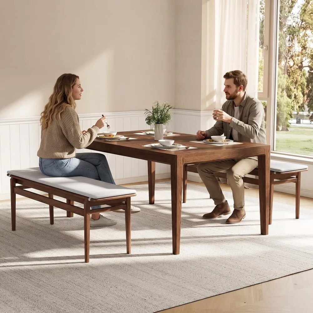 Solid Wood Dining Bench 55'’ Indoor End of Bed Upholstered Bench for Entryway Bedroom Kitchen & Living Room Mid Century