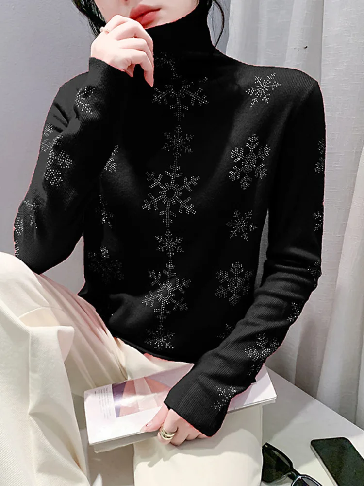 2025 Autumn/Winter New Heavy Industry Hot Diamond Snowflake High Neck Knitted Shirt Women, Designed With A Sense Of Interior And