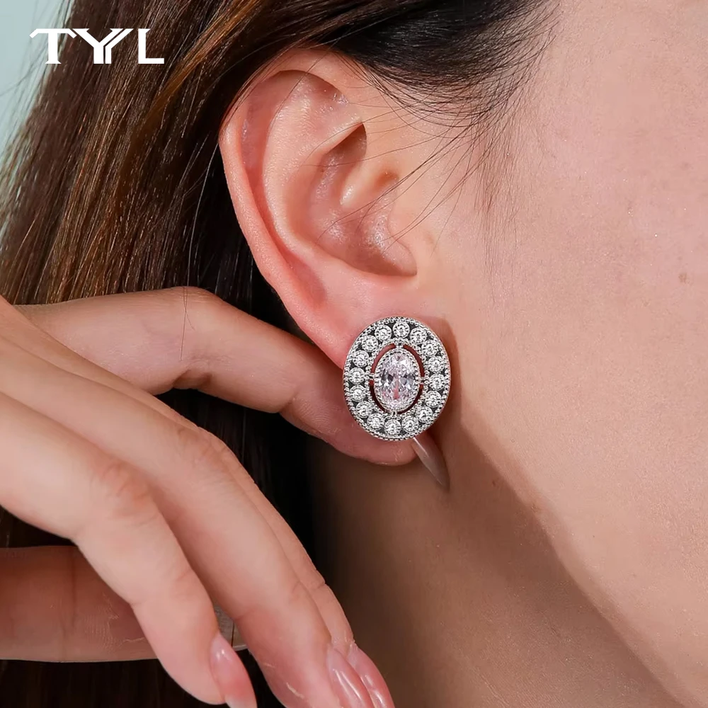 

TYYL Oval Cut Moissanite Ear Clip 925 Silver Hoops for Women Luxury Full Stone Earrings Halo Engagement Wedding Original Jewelry