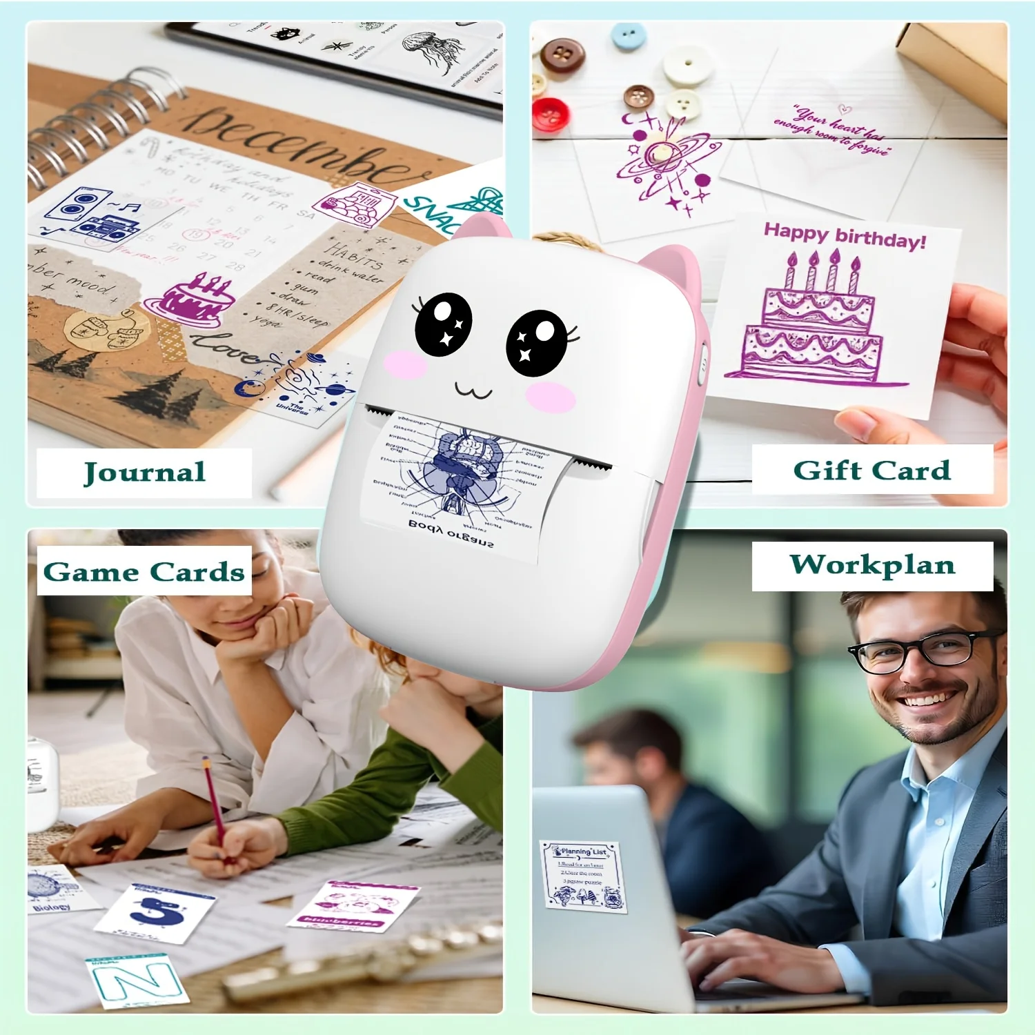 ورق ملصقات حراري شفاف وملون مع ملصقات لاصقة بيضاء، لفة طابعة صغيرة مقاس 57 مم، متوافقة مع الطابعات الصغيرة