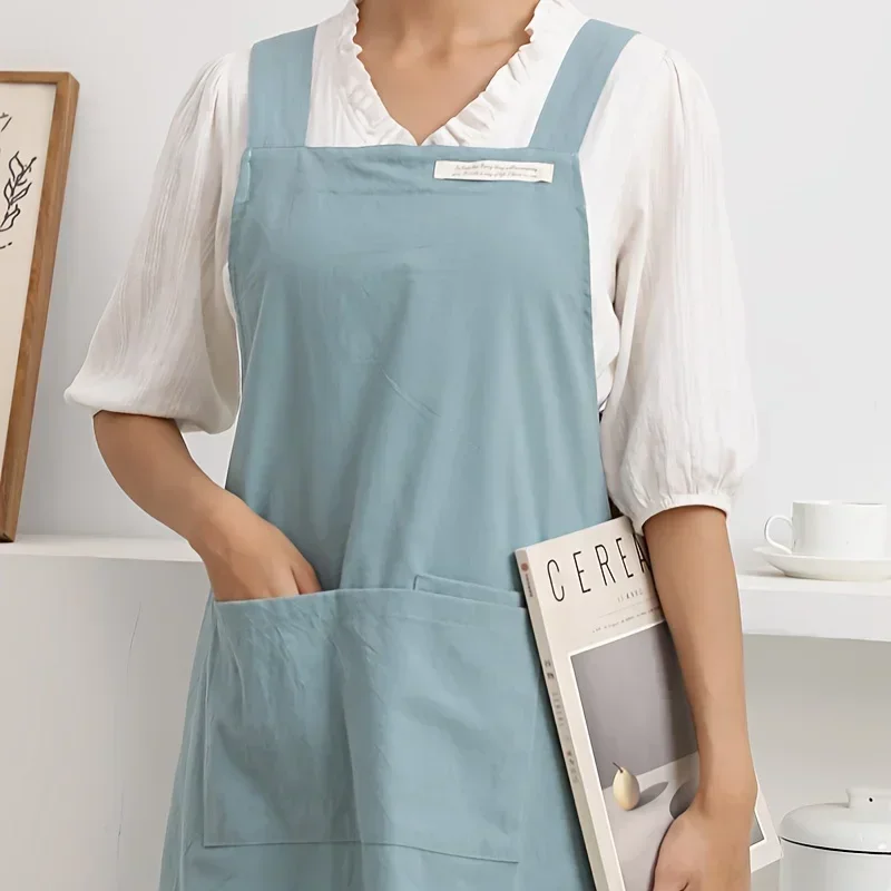 Women Japanese and Korean simple apron denim apron cotton and linen solid color blouse kitchen Florist coffee shop apron