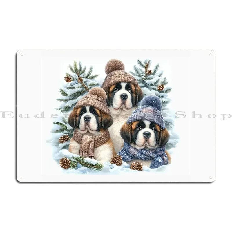 Cute Saint Bernard Puppies In Winter Hats And Scarves Metal Plaque Poster Vintage Cave Vintage Garage Customized Tin Sign Poster