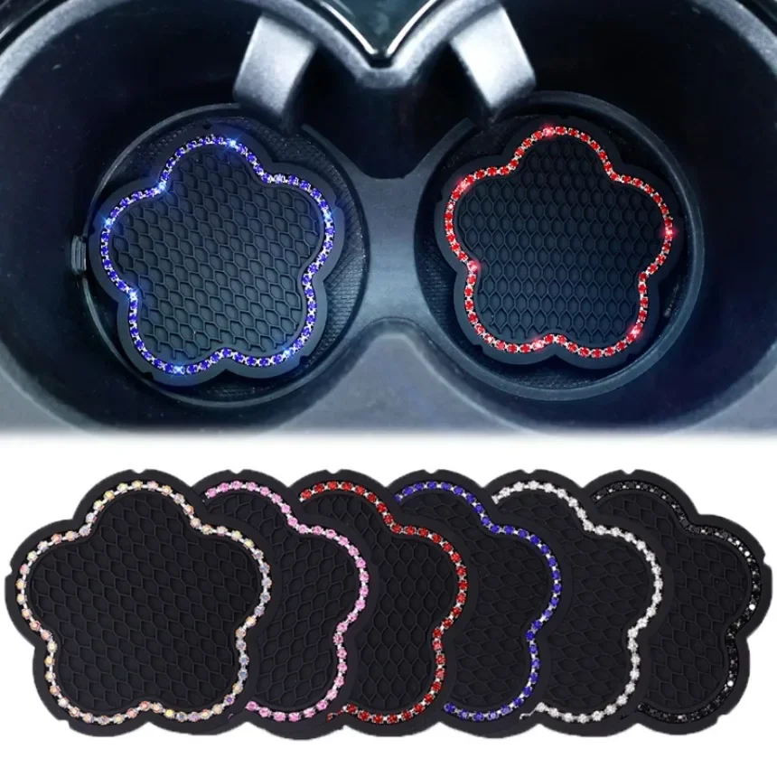 Anti-Slip Car Coaster Silica Gel Water Cup Pad Plum Blossom Styling Embedded Diamond Rhinestone Bling Bling Non-Slip Drinks Mat