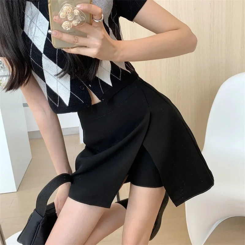 Skirts Women High Waist Side-slit Mini Hip-covering A-line Solid All-match Sweet Hot Girls Korean Trendy Casual Safety Summer