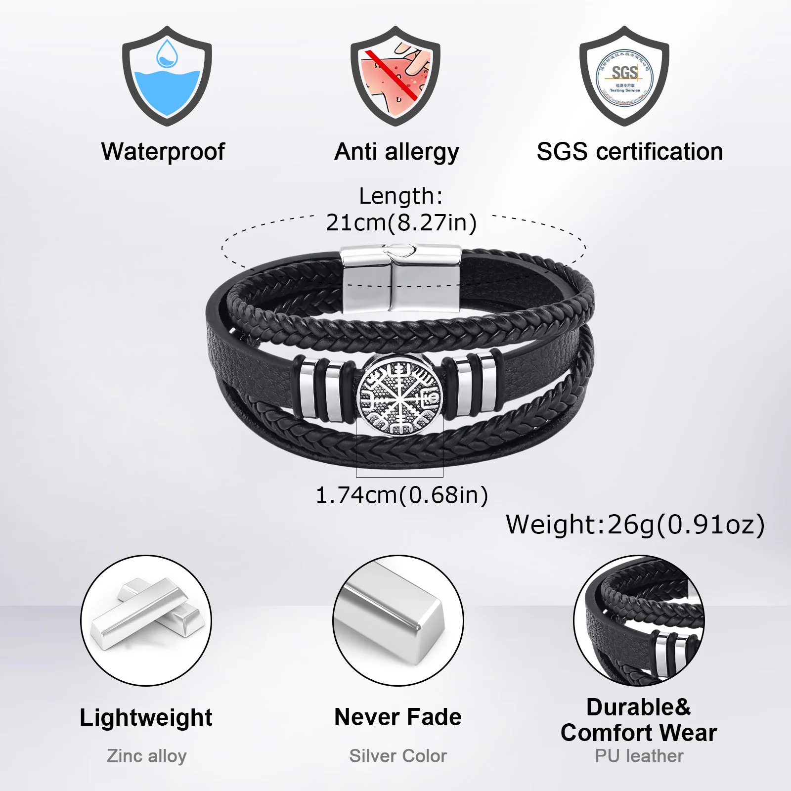 Vnox Herren Mehrschichtiges Lederarmband, Nordisches Wikinger-Kompass-Lebensbaum-Fußball-Perlenarmband, Schmuckgeschenk mit Magnetverschluss – Detail 5