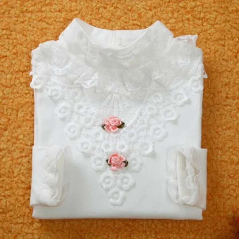 2022 Spring Fall Winter Pearls Lace Bow Long Sleeve School Girl Blouse Shirt For Kids Baby Shirts Girls Tops And Blouses JW3118A