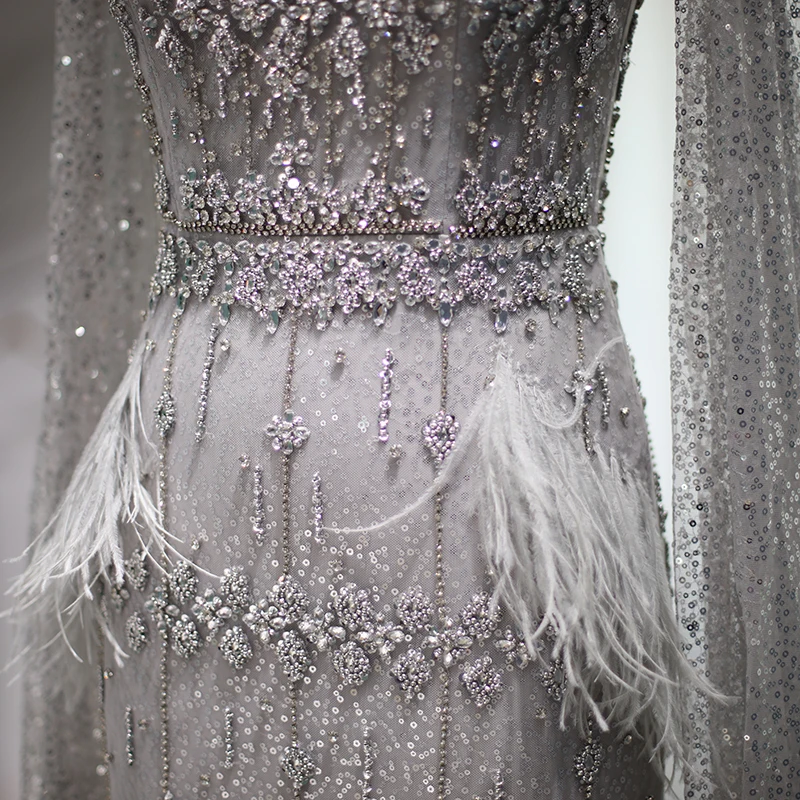 Vestido de noche árabe de sirena para mujer, traje Formal de lujo con capa de plumas de cristal de Dubái para baile de graduación de boda