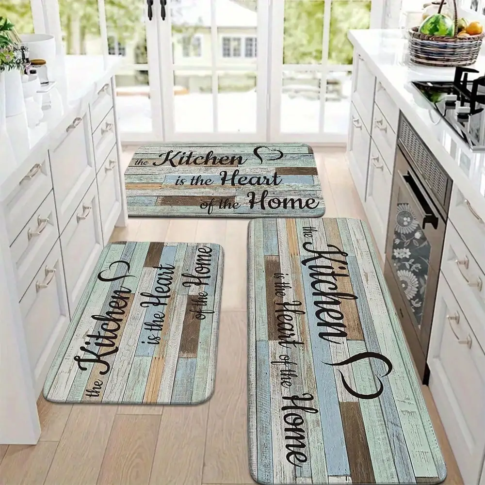 

Rustic Wooden Plank Design Kitchen Is The Heart Of The Home Printed 3 Pieces Non Slip Absorbent Floor Mat Set for Home Decor