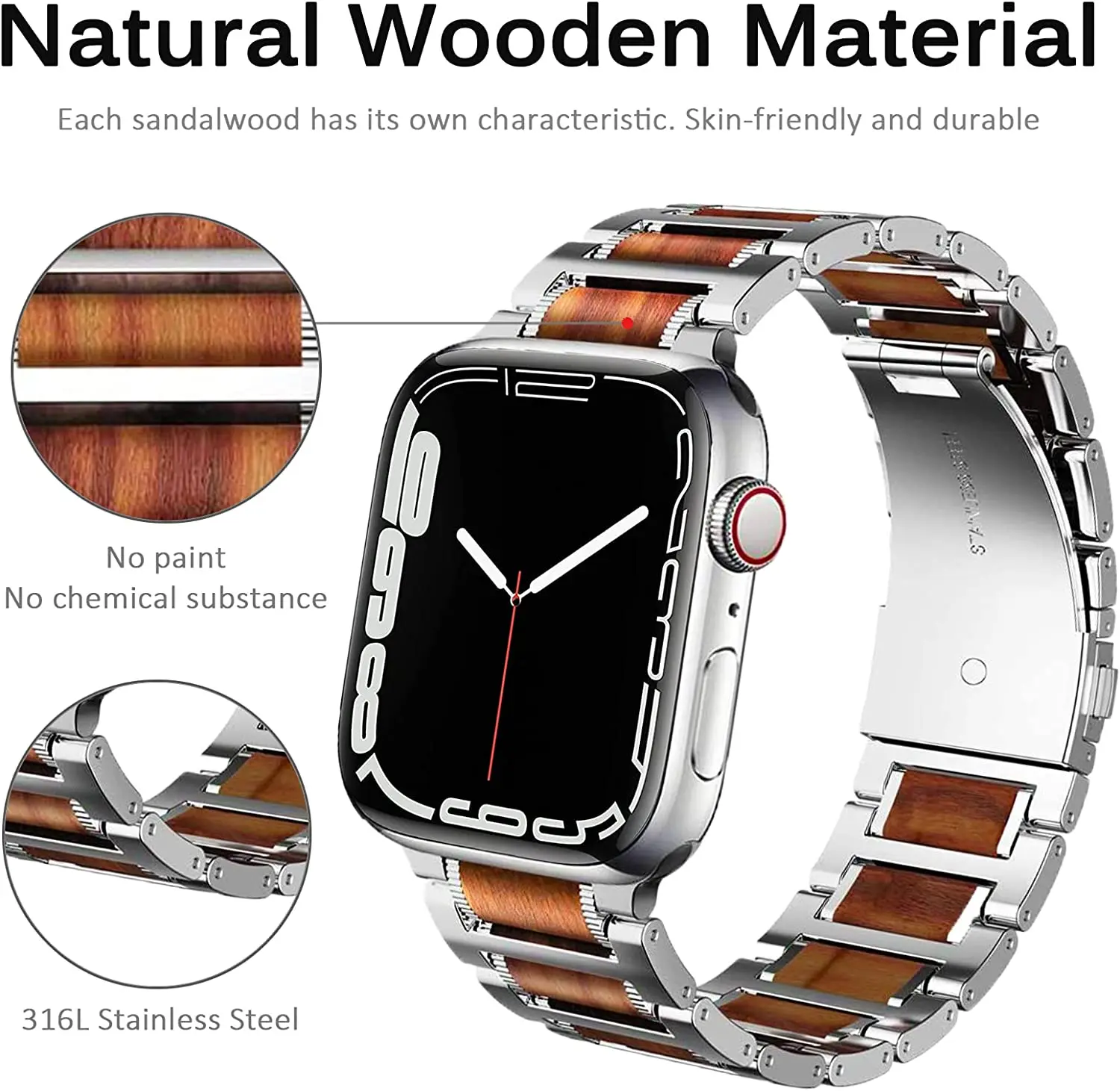 Wooden Strap For Apple Watch Series 8 7 Ultra 6 5 4 3 2 For iWatch 49mm 40mm 44mm 41mm 45mm Stainless Steel Link Sandalwood Band