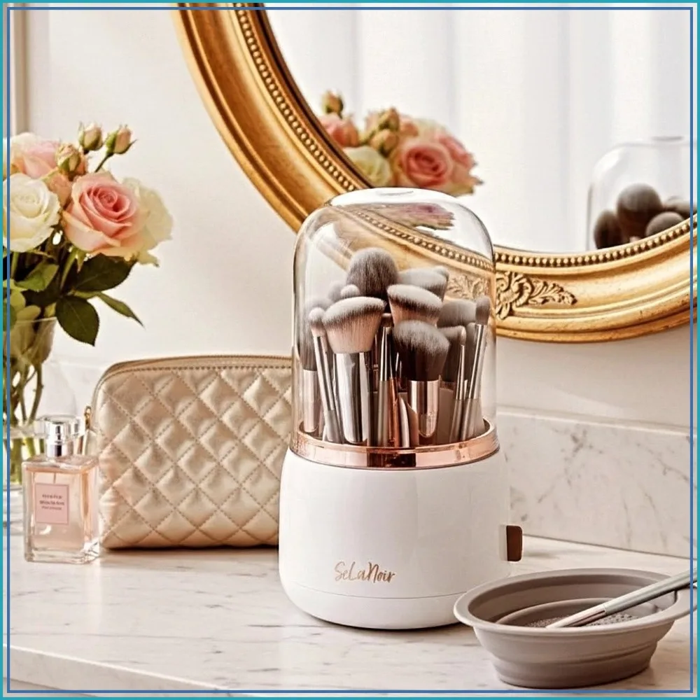 

Rotating Makeup Brush Holder with Lid Dustproof Vanity Organizer, Bonus Foldable Brush Cleaner Bowl