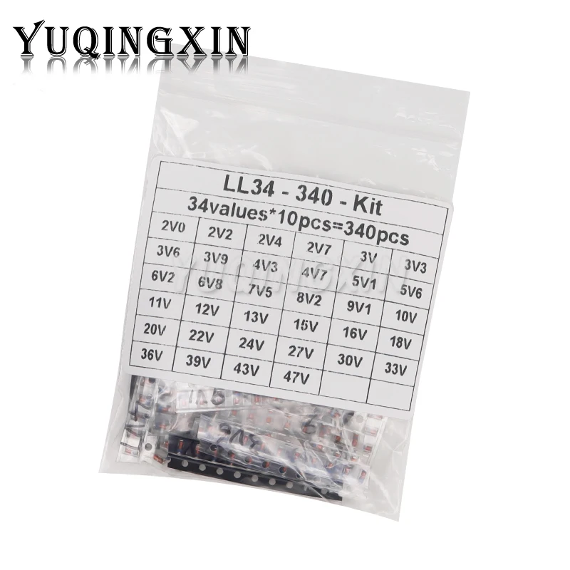 340pcs 1/2W LL34 SMD Zener Diode Assorted Kit 0.5W 2V - 47V 34Values Each 10pcs DIY Sample Pack