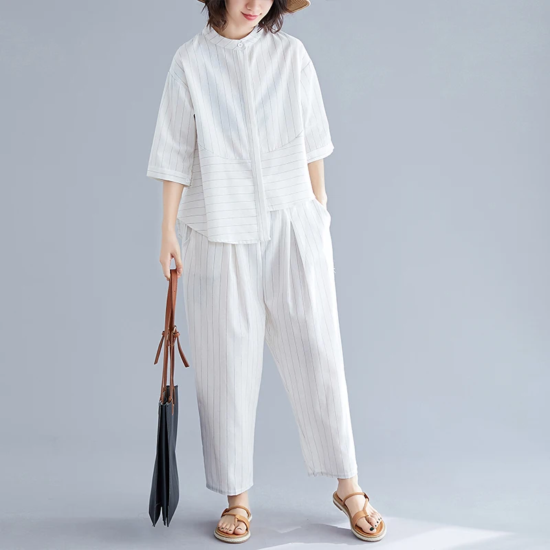 

Женский хлопковый льняной комплект больших размеров в полоску ort Sve, свободный комплект из двух предметов, летнее новое поступление, модный модный комплект с эффектом похудения