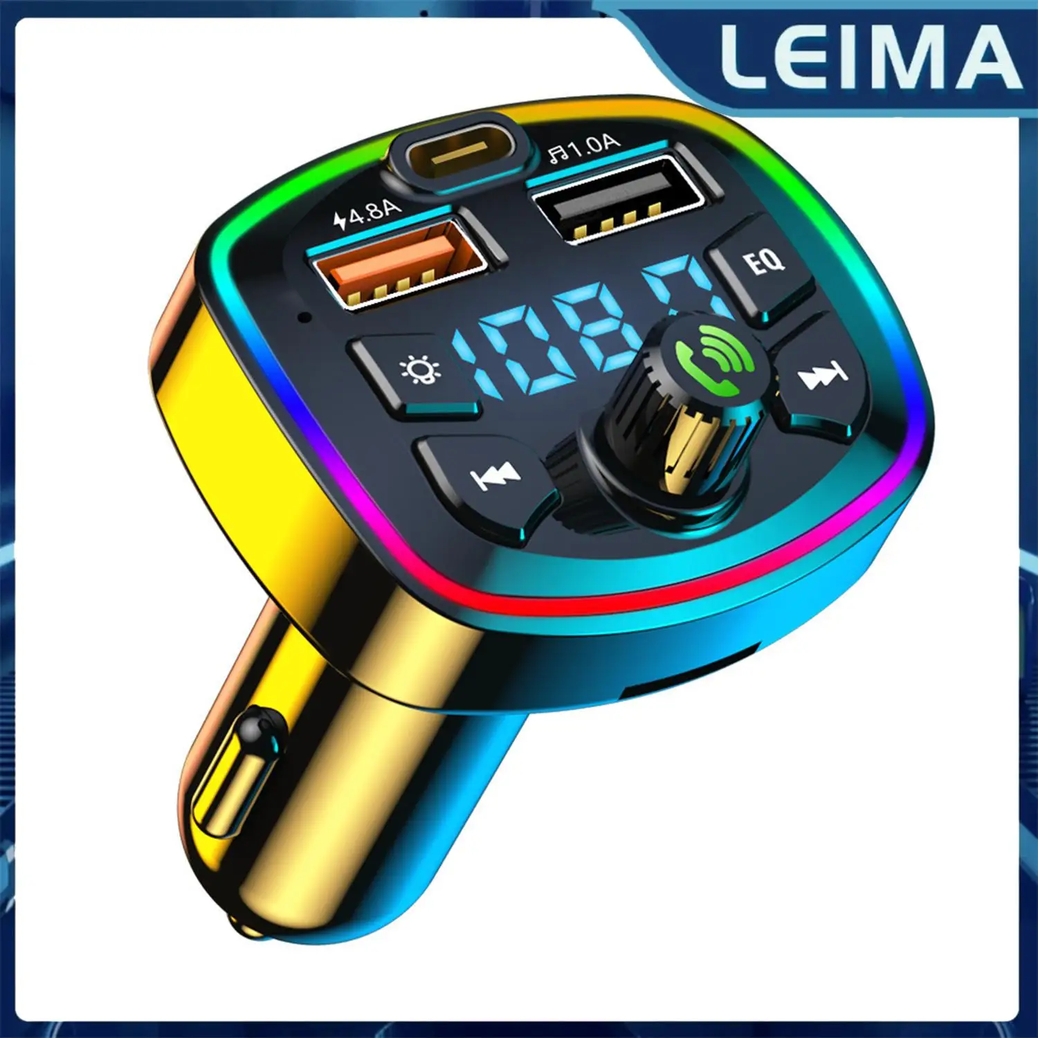Car Bluetooth-compatible 5.0 FM Transmitter PD Type-C 4.8A Dual USB Fast Charger LED Backlit Atmosphere Light MP3 Player TF Card
