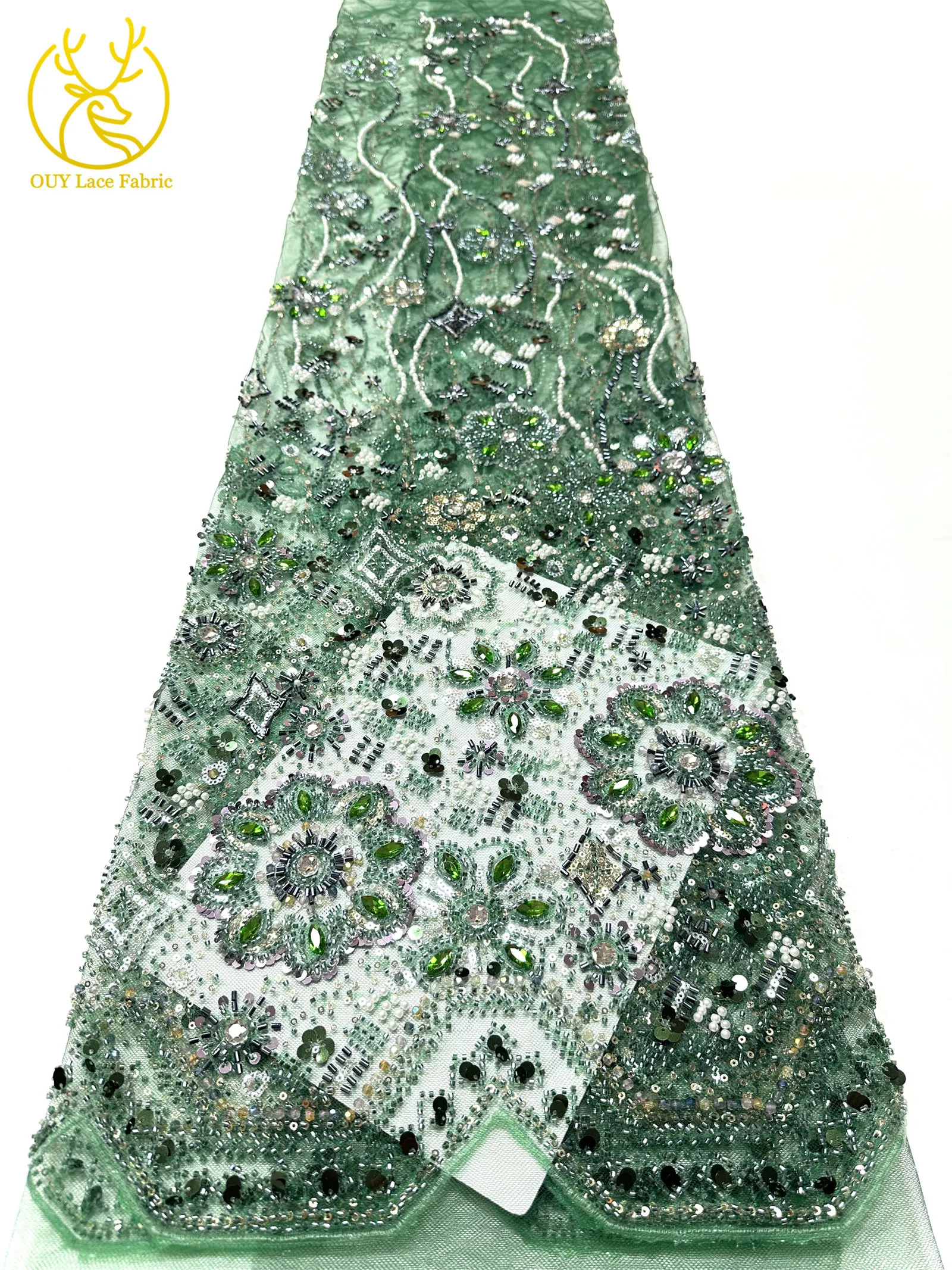 Grüner afrikanischer Stein-Perlen-Spitzenstoff 2026, hochwertiger nigerianischer französischer Tüll-Pailletten-Spitzenstoff, ideal für Brautparty-Dresse – Detail 5