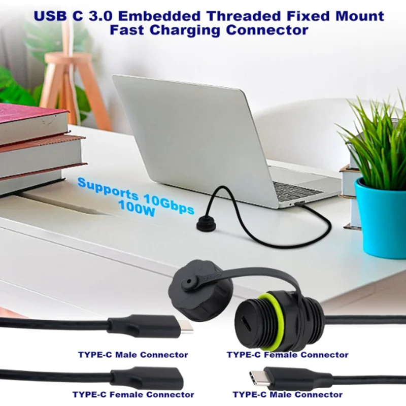 1m USB C 3.0 Panel Mount Extension Cable 3.3ft, IP68 Waterproof Type C Male to Female Flush Mount Socket, 5Gbps Data Sync Cord