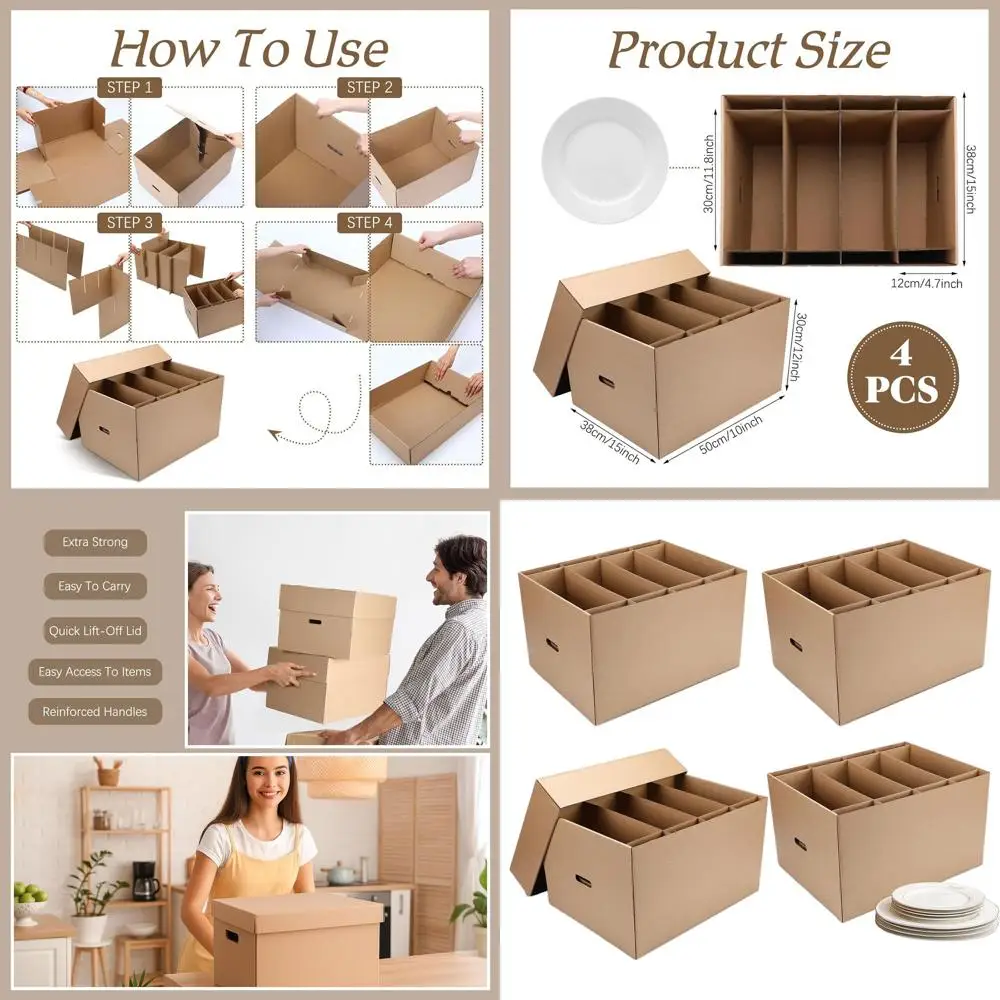 

Большие коробки для посуды (4 шт.) с разделителями для переезда - коробки 20x15x12 см с усиленными ручками для безопасной транспортировки посуды
