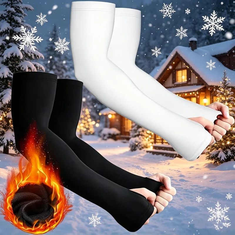 Winter Warm Fleece Arm Sleeves With Thumb Hole Elastic Thermal Arm Cover Windproof Cycling Driving Sports Arm Warmers For Unisex