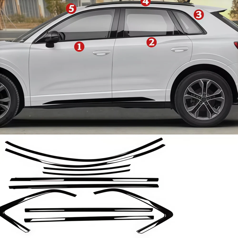 Glanzend zwarte roestvrijstalen raambekleding voor de Audi Q3 2019-2023 en de Q3 Sports-versie 2020-2024.