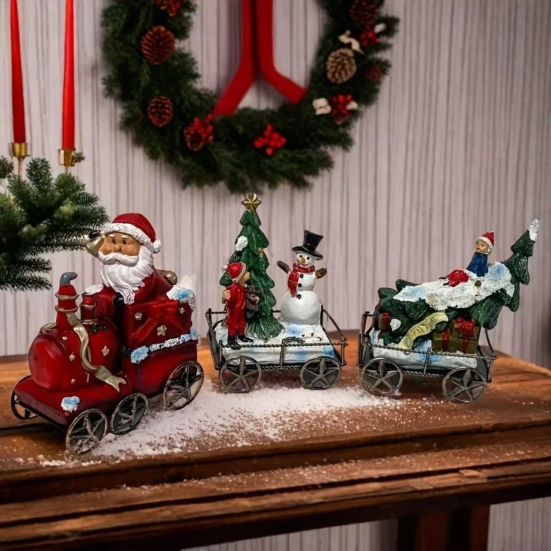 3pcs Resin Christmas Train Set Santa Claus Train Snowman Christmas Tree Ornament Home Fireplace and Dining Table Xmas Decor 2025