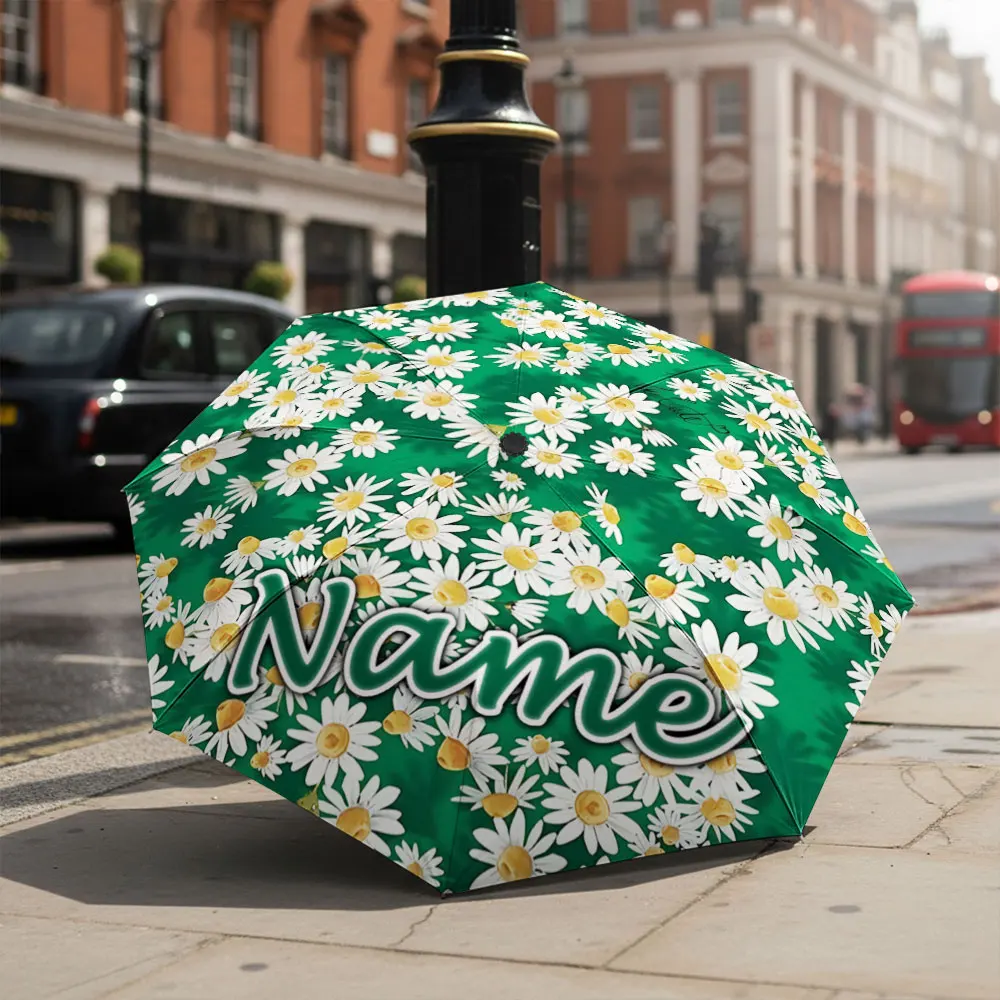 Custom Name Umbrella Daisy Flower All‑Over Green Background Print Folding Umbrella Portable Travel Parasol For Floral Theme