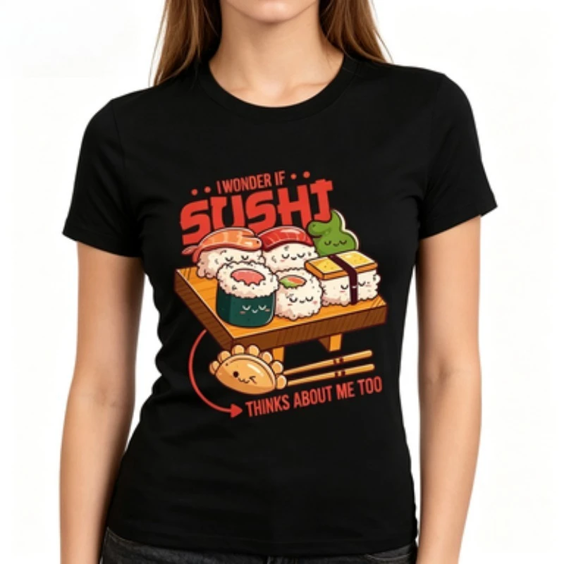 Women Slim Fit Crew Neck Cotton T-Shirt, I Wonder If Sushi Thinks About Me Too Cute Sushi Graphic Short Sleeve Tee