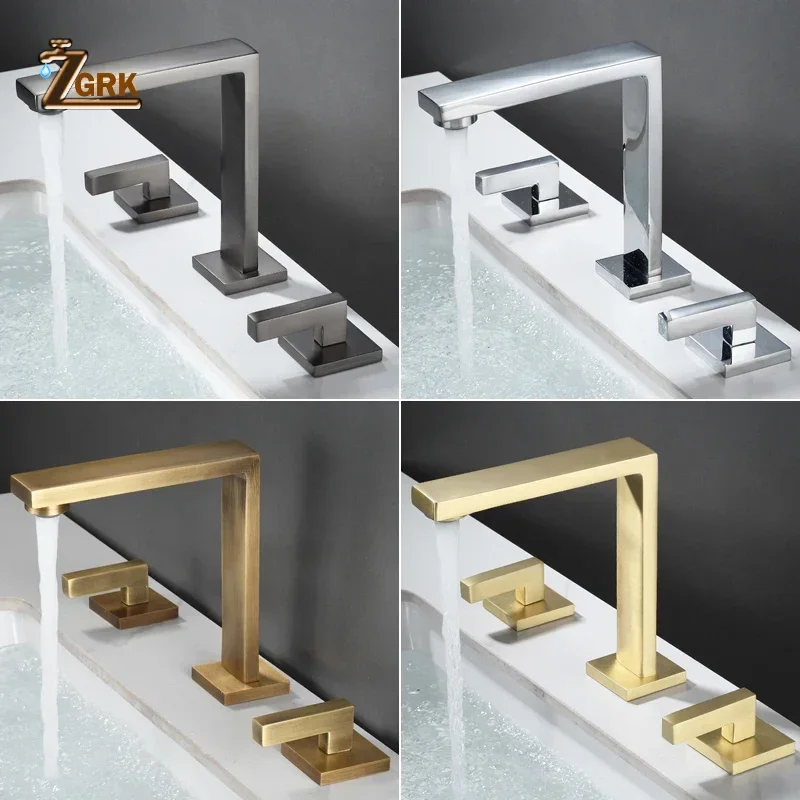 Brushed Gold Basin Faucet Solid Brass Three Hole Gun Grey Bathroom Faucet Cold and Hot Water Black Mixer Tap 3 Pieces