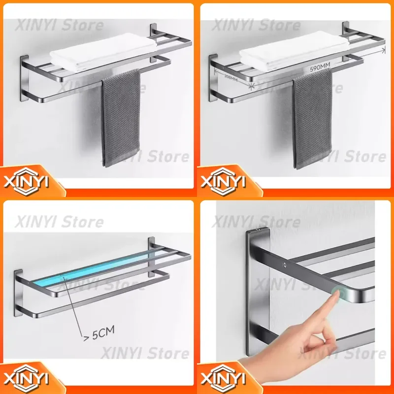 Contemporary Gun Grey Brass Construction Bathroom Hardware Set with Stylish Towel Shelf for Modern Bathrooms